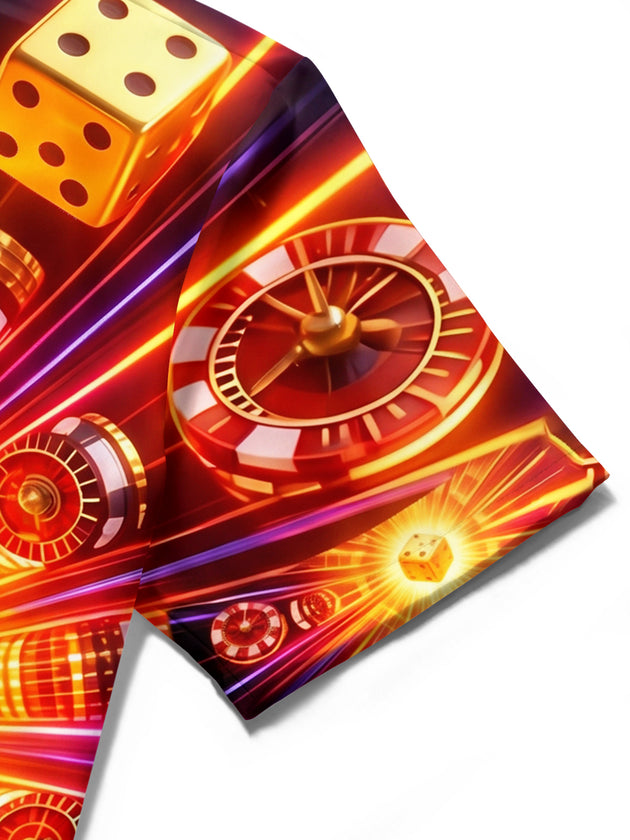 Adaychic Men's Casino Dice Chips And Roulette Wheels Print Short Sleeve Shirt with Chest Pocket