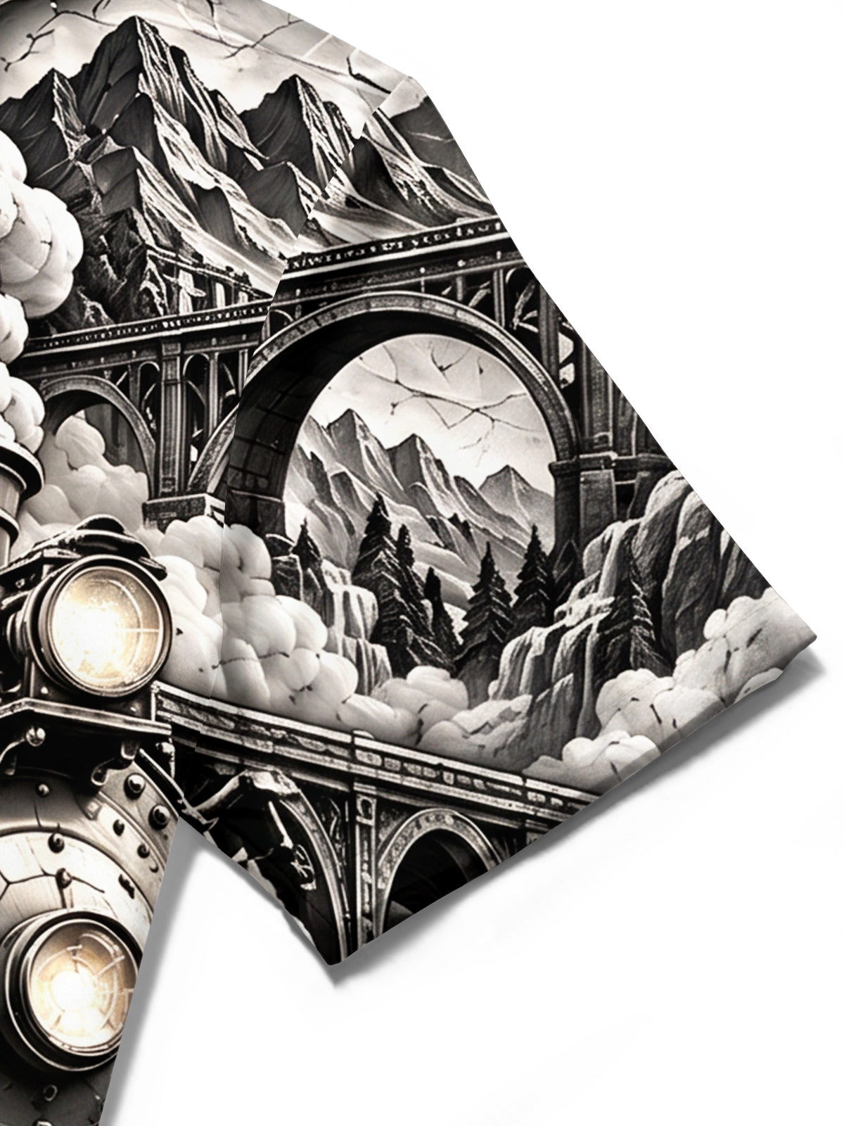Adaychic Men's Vintage Steam Train And Gears Print Short Sleeve Shirt with Chest Pocket