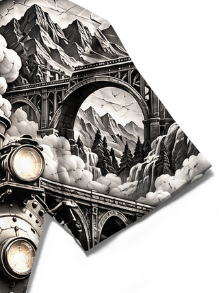 Adaychic Men's Vintage Steam Train And Gears Print Short Sleeve Shirt with Chest Pocket