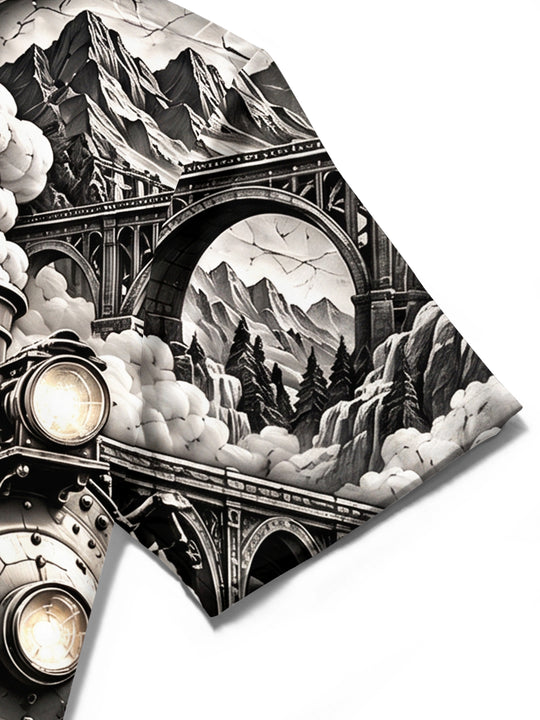 Adaychic Men's Vintage Steam Train And Gears Print Short Sleeve Shirt with Chest Pocket