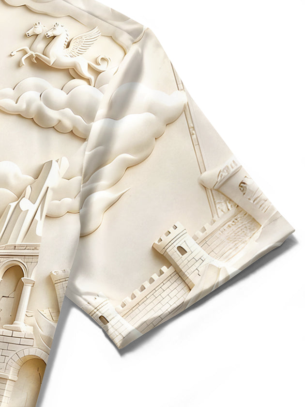 Relief Sculpture Lighthouse Boat Men's Pocket Short Sleeve Shirts