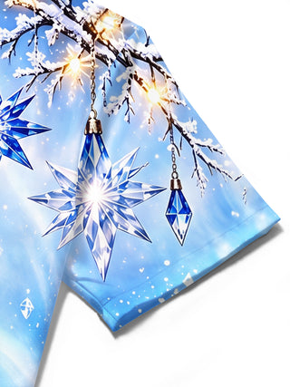 Adaychic Men's Blue Crystal Stars And Snowy Branches Print Short Sleeve Shirt with Chest Pocket