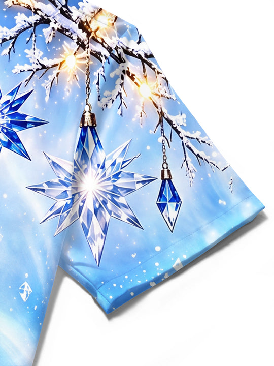 Adaychic Men's Blue Crystal Stars And Snowy Branches Print Short Sleeve Shirt with Chest Pocket