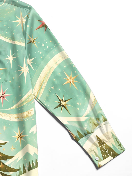 Adaychic Men's Christmas Tree And Winter Landscape Print Long Sleeve Shirt with Chest Pocket