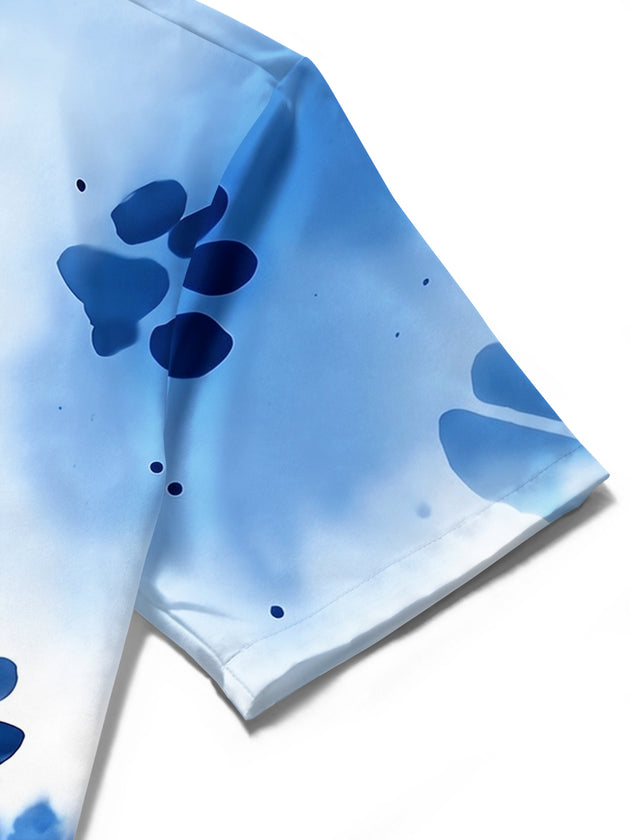 Adaychic Men's Tie Dye Blue Paw Print Tie Dye Pattern Short Sleeve Shirt with Chest Pocket
