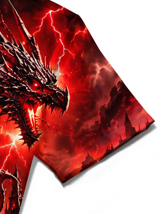 Adaychic Men's Graphic Dragon And Castle Print Short Sleeve Shirt with Chest Pocket