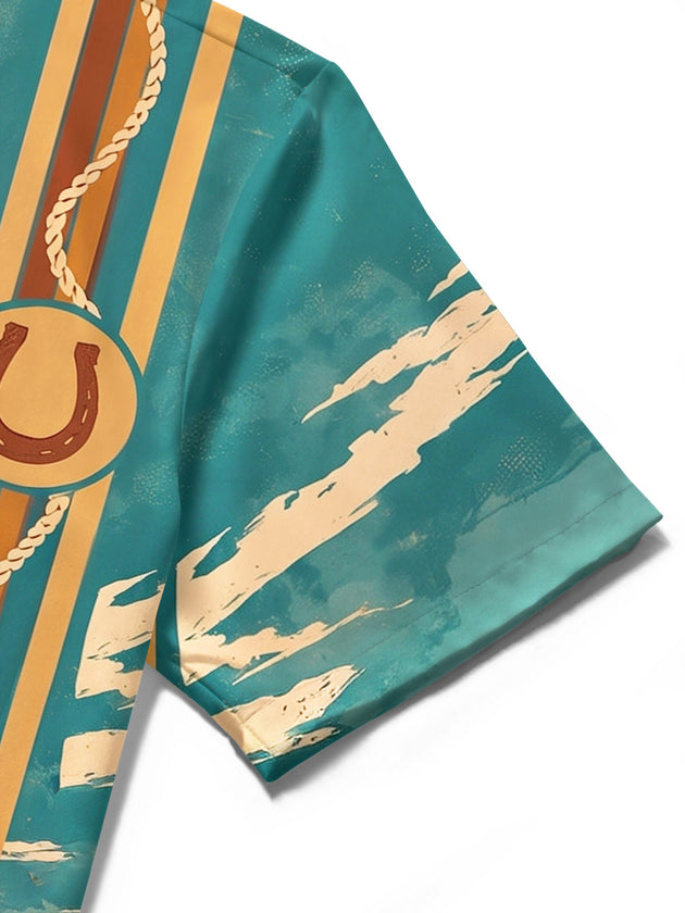 Adaychic Men's Short Sleeve Shirt - Western Desert Landscape With Cactus And Cowboy Print with Chest Pocket