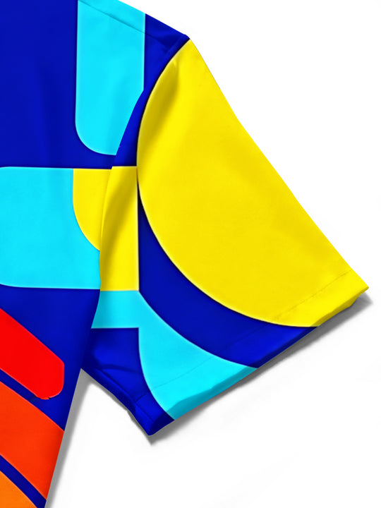 Adaychic Men's Short Sleeve Stand Collar Shirt - Neon Geometric Curved Lines And Circles Print with Chest Pocket