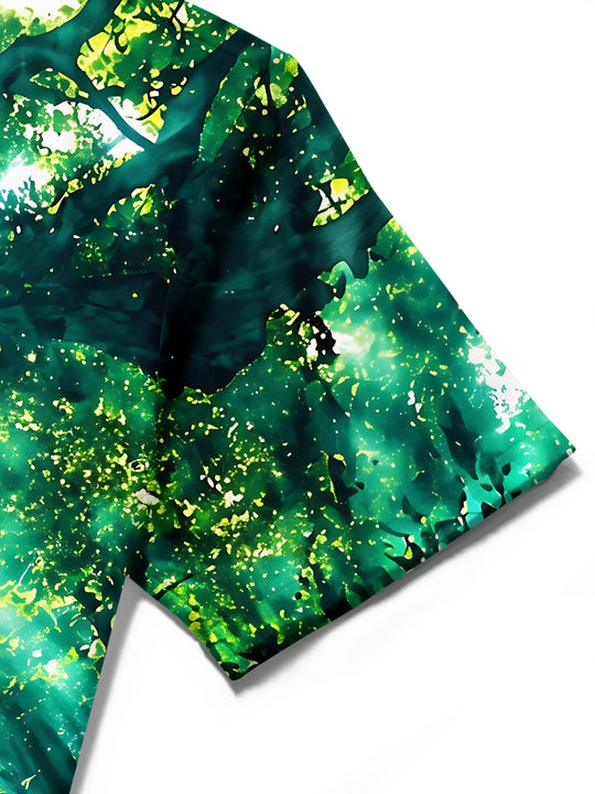 Adaychic Men's Hawaiian Deer In Forest With Sunbeams Print Short Sleeve Shirt with Chest Pocket