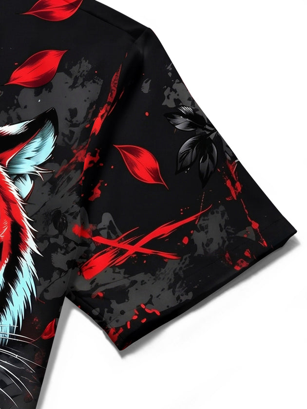 Adaychic Men's Hawaiian Red Tiger And Red Roses Print Short Sleeve Shirt with Chest Pocket