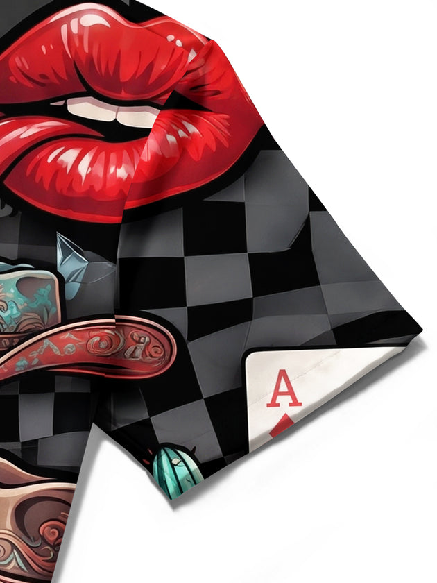 Adaychic Men's Graphic Poker Cards And Red Lips Print Short Sleeve Shirt with Chest Pocket