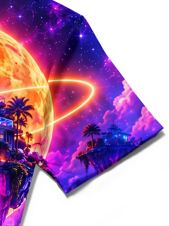 Adaychic Men's Short Sleeve Shirt - Floating Island With Modern Villa And Palm Trees Print with Chest Pocket