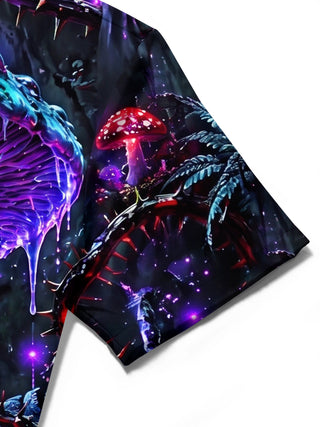 Adaychic Men's Graphic Neon Skull Mushroom Print Short Sleeve Shirt with Chest Pocket