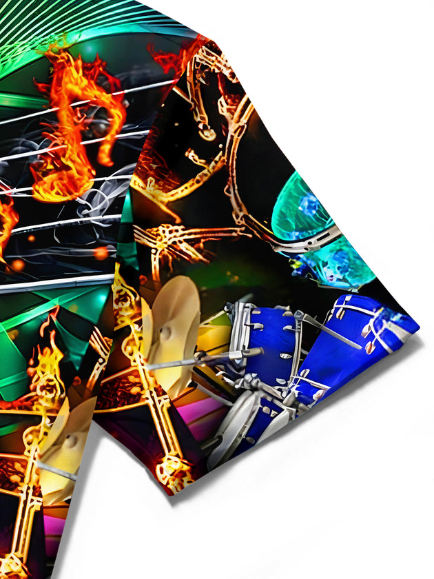 Men's dark flame drum kit print short sleeve shirt close-up detail view showing textured fabric and precise stitching