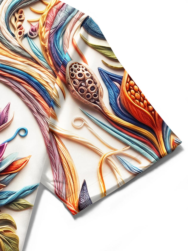 Adaychic Men's Short Sleeve Shirt - 3D Twisted Floral Leaves And Plant Motifs Print with Chest Pocket