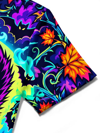Adaychic Men's Hawaiian Halloween Black Cat And Ghosts Print Short Sleeve Shirt with Chest Pocket