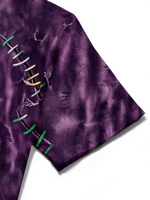 Adaychic Men's Short Sleeve Shirt - Purple Tie Dye With Colorful Stitching Pattern with Chest Pocket