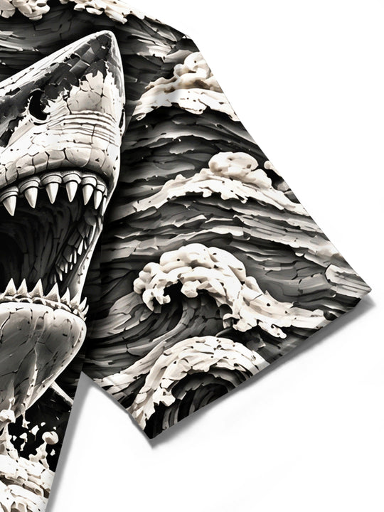 Adaychic Men's Hawaiian Shark And Ocean Waves Print Short Sleeve Shirt with Chest Pocket