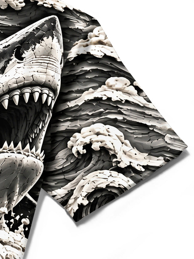 Adaychic Men's Hawaiian Shark And Ocean Waves Print Short Sleeve Shirt with Chest Pocket