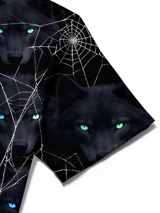Adaychic Men's Short Sleeve Shirt - Halloween Black Wolf Faces And Spider Webs Print with Chest Pocket