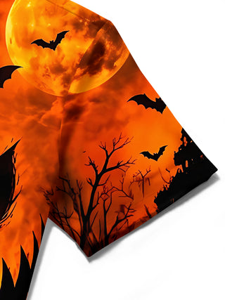 Adaychic Men's Short Sleeve Shirt - Halloween Scary Pumpkin Face With Bats And Full Moon Print with Chest Pocket