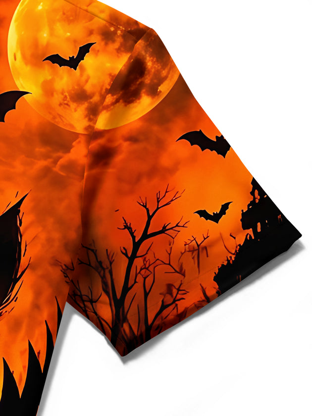 Adaychic Men's Short Sleeve Shirt - Halloween Scary Pumpkin Face With Bats And Full Moon Print with Chest Pocket