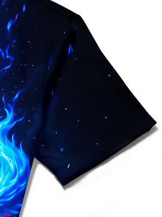 Adaychic Men's Graphic Blue Flame Wolf Print Short Sleeve Shirt with Chest Pocket