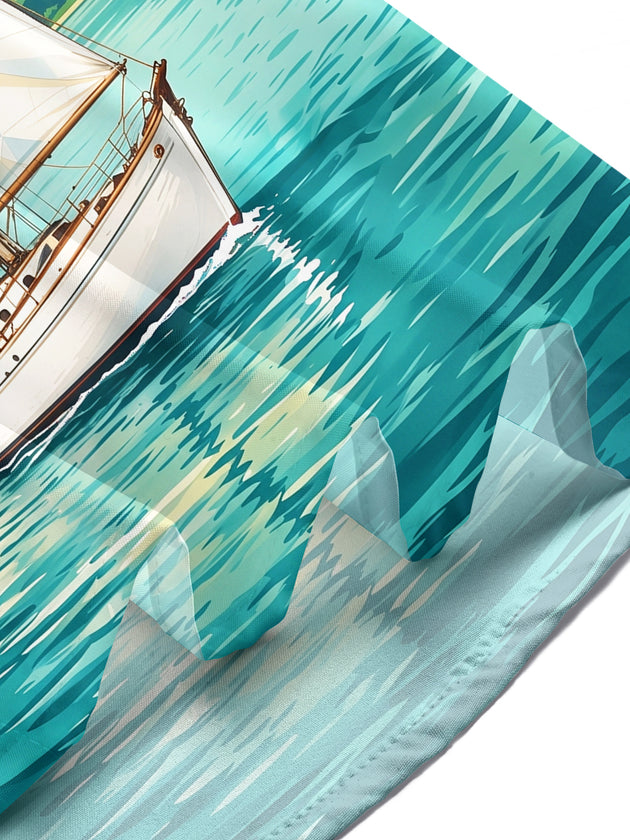 Adaychic Men's Short Sleeve Shirt - Sailboat On Water With Palm Trees And Mountains Print with Chest Pocket