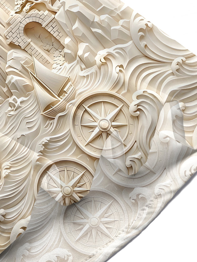 Relief Sculpture Lighthouse Boat Men's Pocket Short Sleeve Shirts