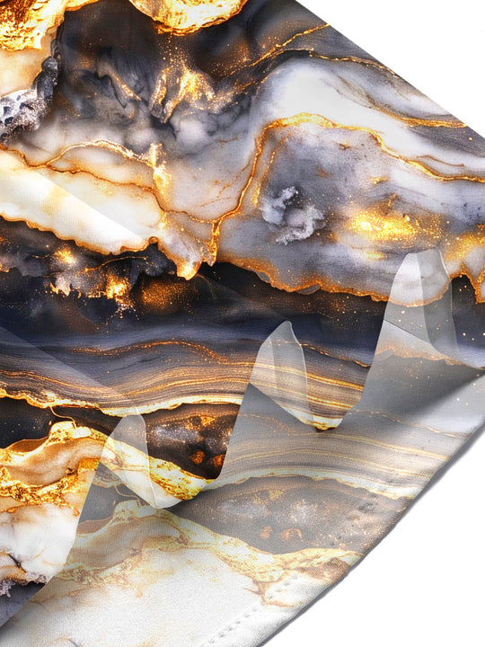 Adaychic Men's Patterned Black Gold Gilded Marble Print Short Sleeve Shirt with Chest Pocket