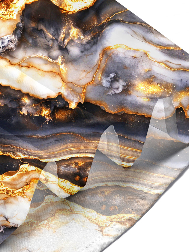 Adaychic Men's Patterned Black Gold Gilded Marble Print Short Sleeve Shirt with Chest Pocket