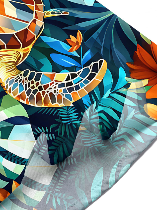 Adaychic Men's Hawaiian Geometric Sea Turtle Print Short Sleeve Shirt with Chest Pocket
