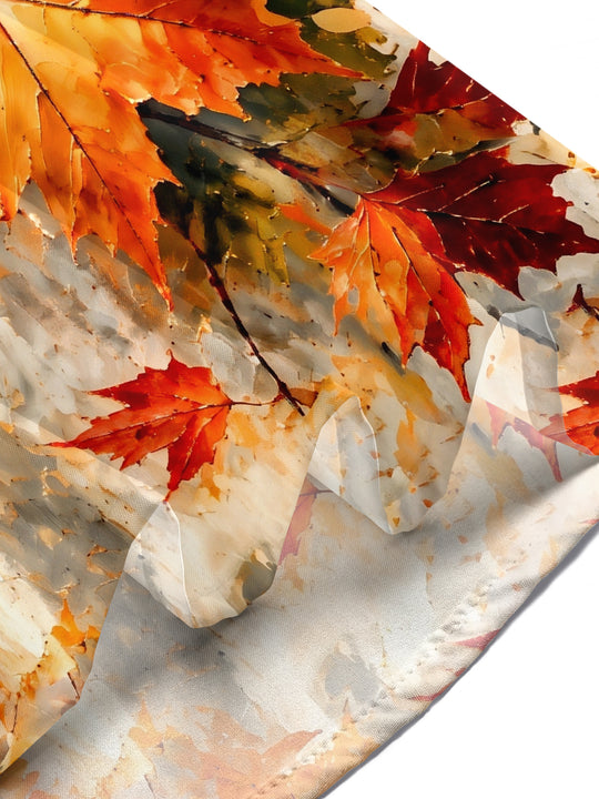 Adaychic Men's Autumn Maple Leaves Print Short Sleeve Stand Collar Shirt with Chest Pocket