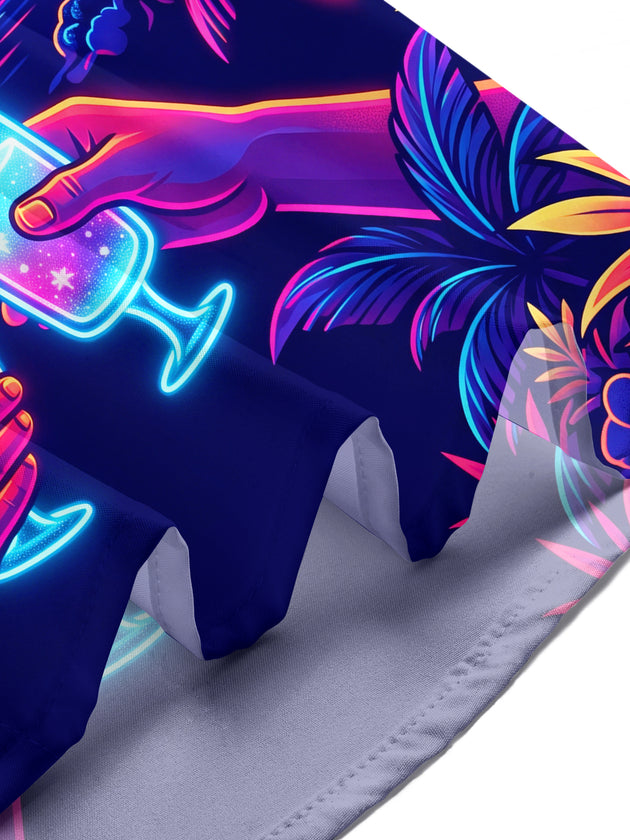 Adaychic Men's Hawaiian Neon Palm Trees And Fireworks Print Short Sleeve Shirt with Chest Pocket