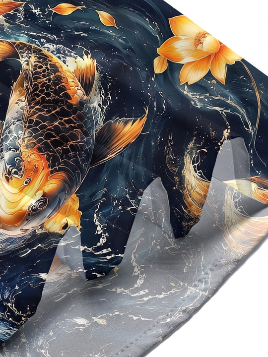 Adaychic Men's Hawaiian Koi Fish Print Lotus Flower Print Short Sleeve Shirt with Chest Pocket