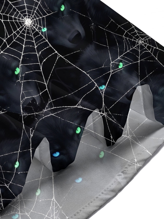 Adaychic Men's Short Sleeve Shirt - Halloween Black Wolf Faces And Spider Webs Print with Chest Pocket