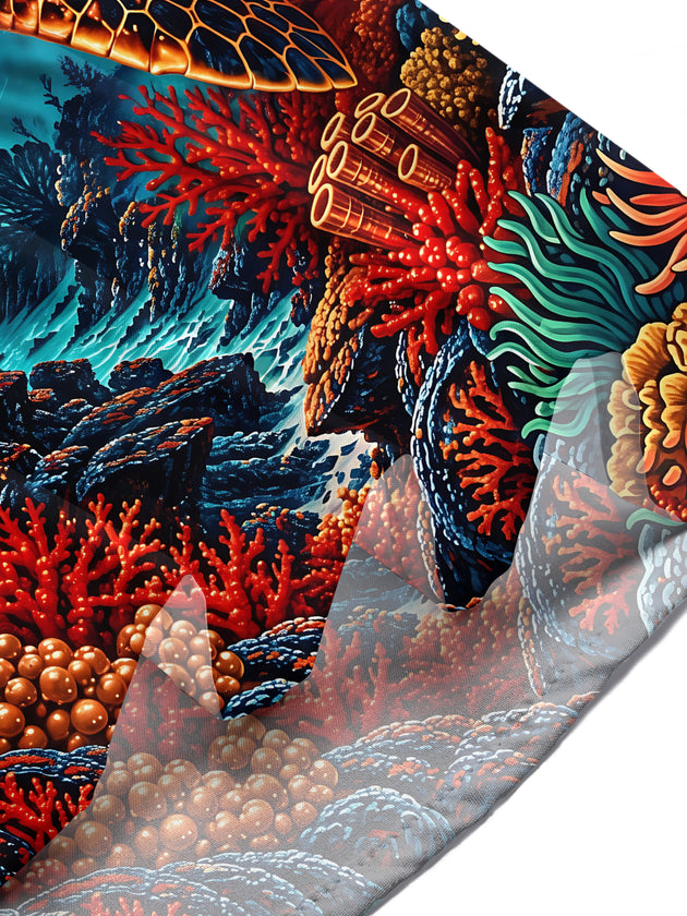 Adaychic Men's Hawaiian Sea Turtle And Coral Reef Print Short Sleeve Shirt with Chest Pocket