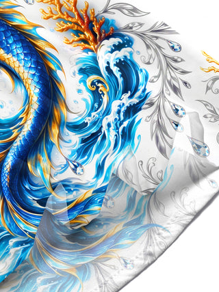 Adaychic Men's Blue And Golden Dragon On Waves Print Short Sleeve Shirt with Chest Pocket