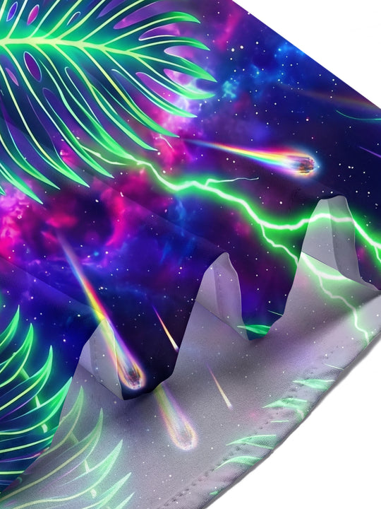 Adaychic Men's Neon Palm Leaves And Galaxy Planet Print Short Sleeve Shirt with Chest Pocket