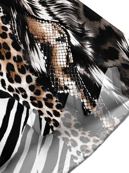 Adaychic Men's Short Sleeve Shirt - Mixed Animal Prints Including Zebra Stripes Leopard Spots And Snake Scales Print with Chest Pocket