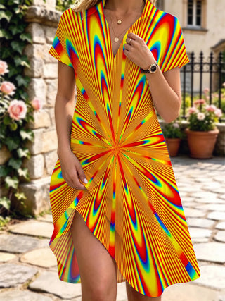 Adaychic Psychedelic Radiating Line Matching Couple Short Sleeve Shirt and Dress