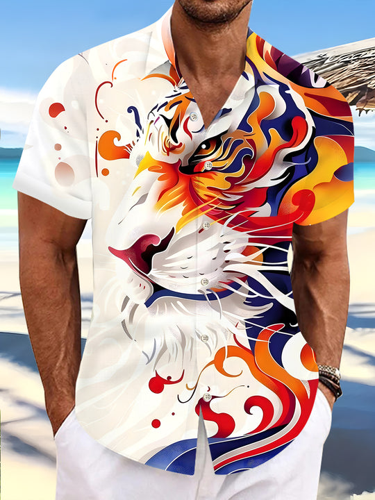 Men's animal tiger print short sleeve shirt front view