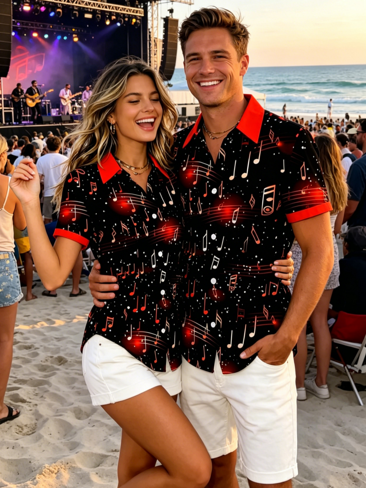matching couples music print shirt front view