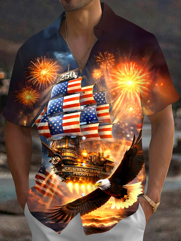 Men's short sleeve eagle print shirt front view for Independence Day