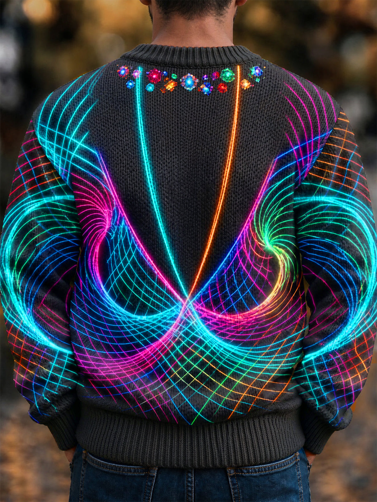 Adaychic Men's Long Sleeve Crew Neck Sweater - Neon Light Grid And Floral Patterns Print