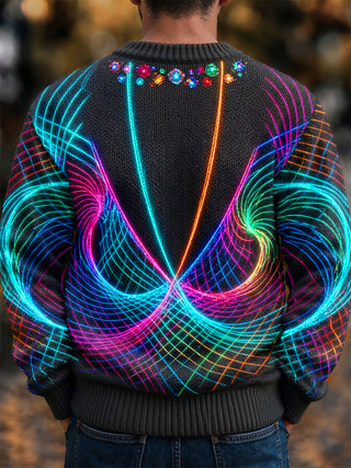 Adaychic Men's Long Sleeve Crew Neck Sweater - Neon Light Grid And Floral Patterns Print