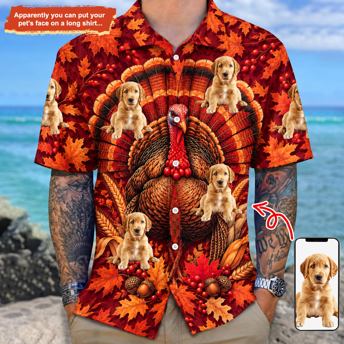Adaychic Men Thanksgiving Turkey, Autumn Leaves & Custom Dog Photo Print Button Down Shirt