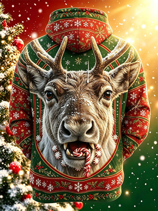 Adaychic Men's Graphic Christmas Reindeer Print Long Sleeve Hoodie