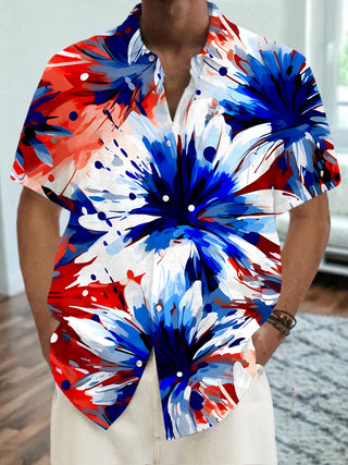 Men's floral pocket short sleeve shirt front view for Independence Day