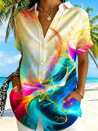 Adaychic Blue Abstract Fluid Swirl Print Matching Couple Short Sleeve Button Down Shirts